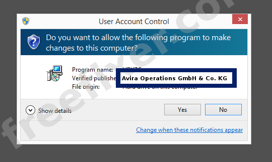 Screenshot where Avira Operations GmbH & Co. KG appears as the verified publisher in the UAC dialog